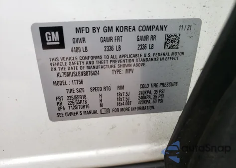 2022 Chevrolet Trailblazer Rs z USA, uszkodzony, nr VIN KL79MUSL8NB076424